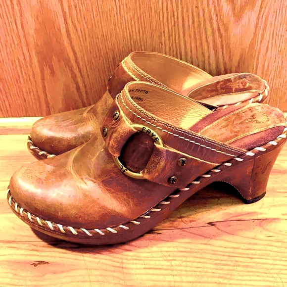 Frye Charlotte leather 8 wedge O ring stitched distressed brown mule clogs VGUC - Picture 3 of 13